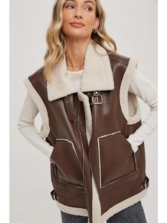 Vegan Leather Moto Vest with shearling detailing